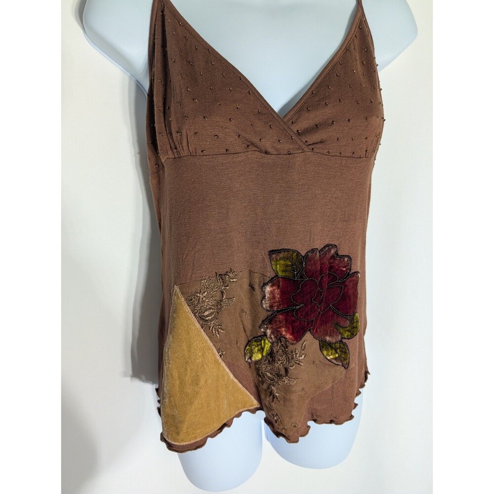 Vintage Y2K Floral Embellished Cami Sz L Brown Velvet Fairy Whimsygoth Stretch